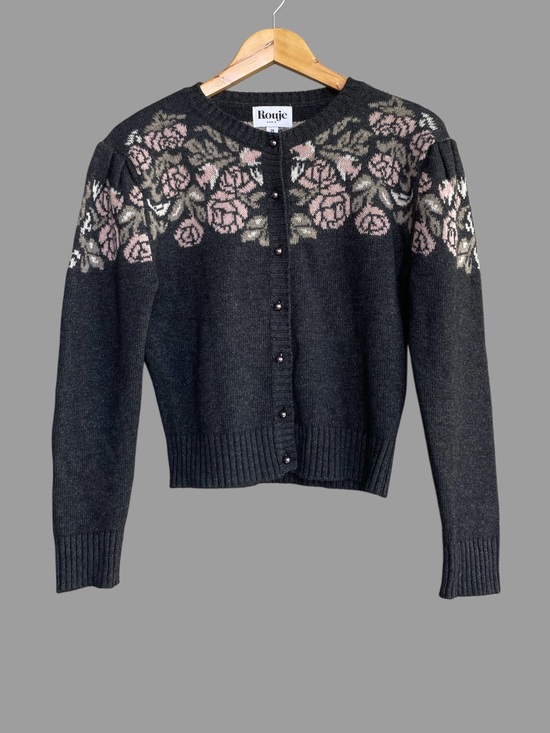 Rouje Sweaters - ROUJE Gray & Pink Floral Wool Cashmere Retro Robert Puff Sleeve Cardigan Sweater